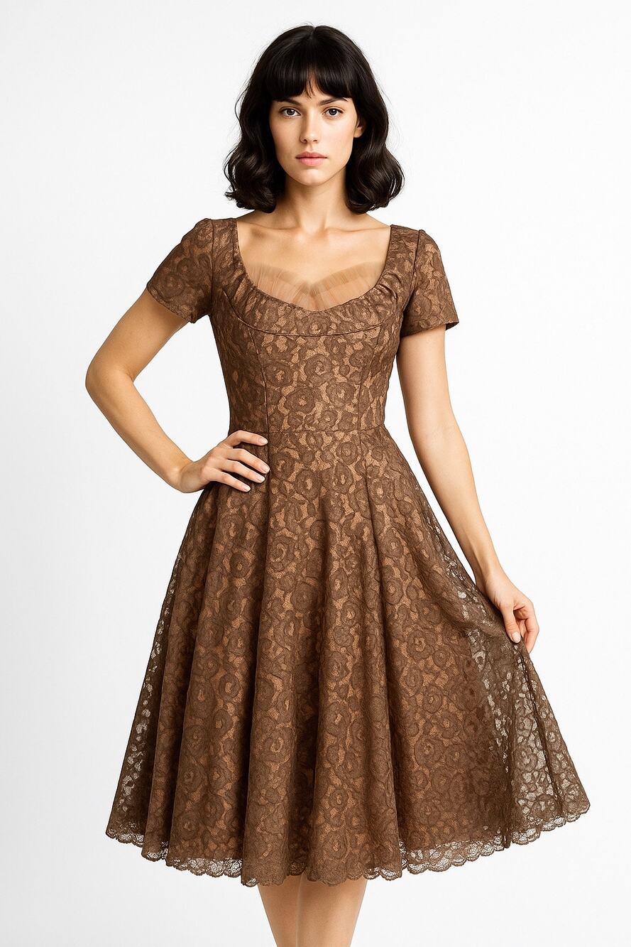 1950s Taupe Lace Fit & Flare Party Dress w/ Tulle Lining & Crown Zip Small